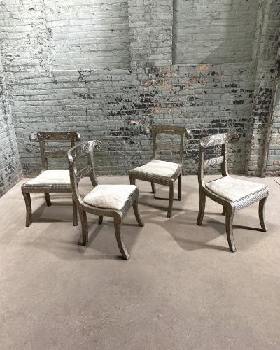 Anglo Raj Style Indian Hammered Silver Wrap Dining Chairs w Hair on Hide 1950