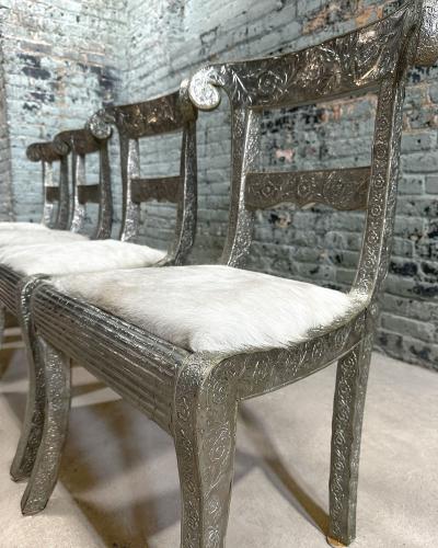 Anglo Raj Style Indian Hammered Silver Wrap Dining Chairs w Hair on Hide 1950