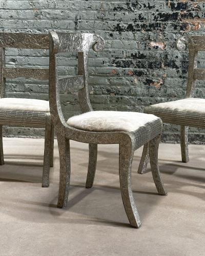 Anglo Raj Style Indian Hammered Silver Wrap Dining Chairs w Hair on Hide 1950