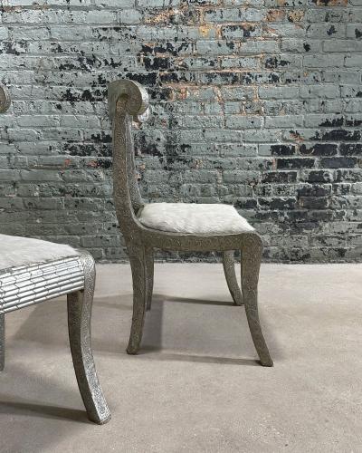 Anglo Raj Style Indian Hammered Silver Wrap Dining Chairs w Hair on Hide 1950