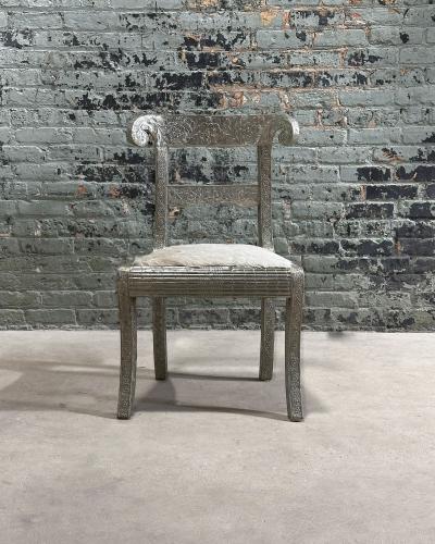 Anglo Raj Style Indian Hammered Silver Wrap Dining Chairs w Hair on Hide 1950
