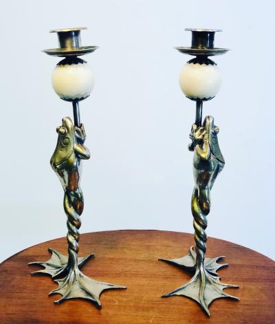 Anthony Redmile Rare Pair of Anthony Redmile Silver Plated Frog Candlesticks
