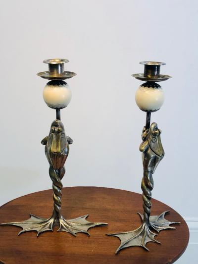 Anthony Redmile Rare Pair of Anthony Redmile Silver Plated Frog Candlesticks