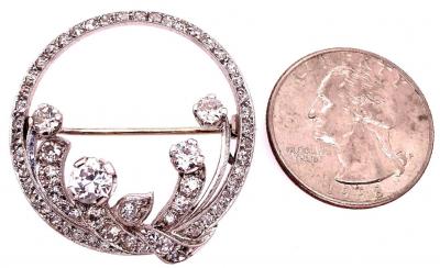 Antique 14 Karat Pin or Brooch in White Gold Diamond Circle