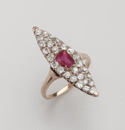 Antique 14K Yellow Gold Ruby Old Mine Cut Diamond Navette Ring