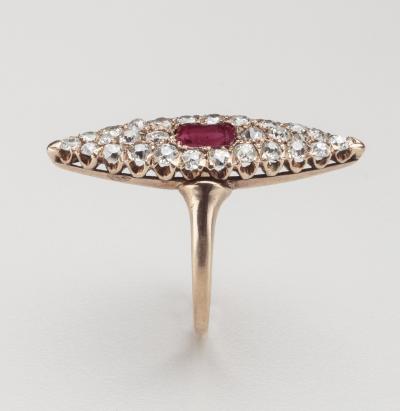 Antique 14K Yellow Gold Ruby Old Mine Cut Diamond Navette Ring