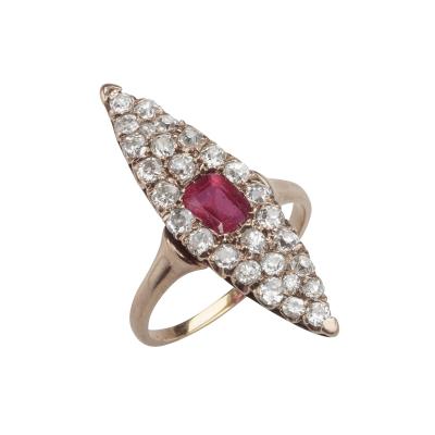 Antique 14K Yellow Gold Ruby Old Mine Cut Diamond Navette Ring