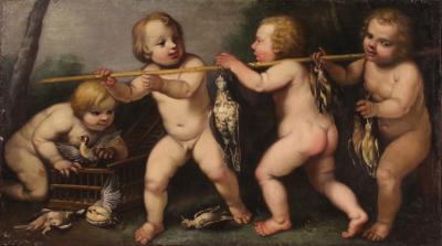 Antique 17th century Rudolphine school painting cherub games