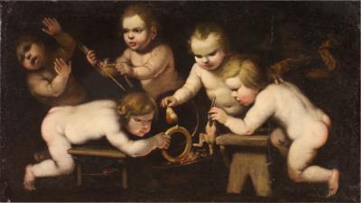 Antique 17th century painting oil on canvas cherub games