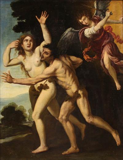 Antique 17th century painting the expulsion of Adam and Eve