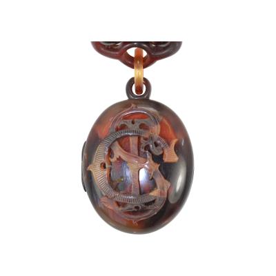 Antique 1890s Tortoise Shell Locket with Tortoise link Chain