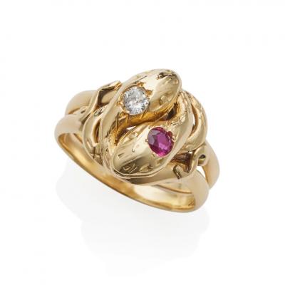 Antique 18K Gold Ruby and Diamond Double Snake Ring