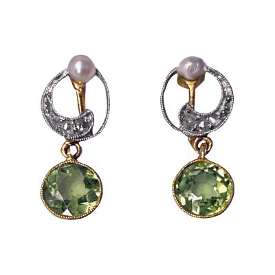 Antique 18K Gold and Platinum Peridot and Diamond Earrings