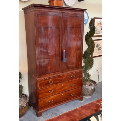 Antique 18c Flame Mahogany Inlaid Linen Press Armoire Cupboard