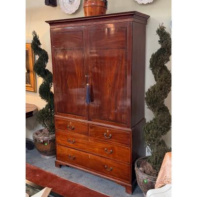 Antique 18c Flame Mahogany Inlaid Linen Press Armoire Cupboard