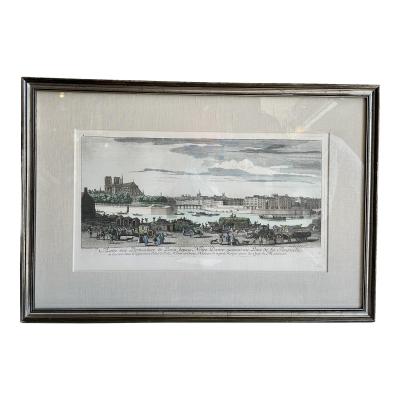 Antique 18th C Hand Colored Framed Print of Notre Dame by J Rigaud