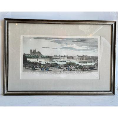 Antique 18th C Hand Colored Framed Print of Notre Dame by J Rigaud