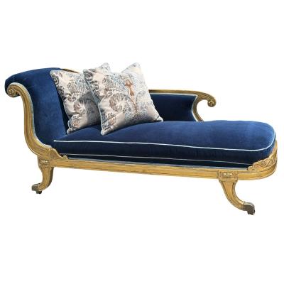 Antique 18th C Louis XVI Giltwood Chaise Fainting Couch Sapphire Blue Mohair