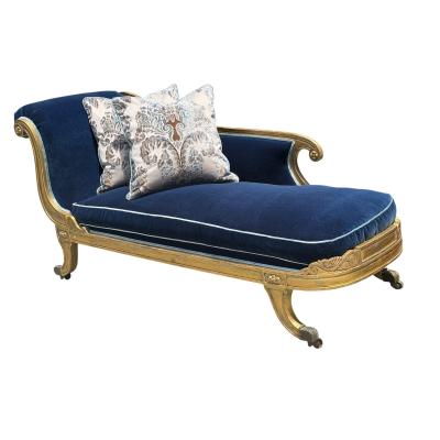 Antique 18th C Louis XVI Giltwood Chaise Fainting Couch Sapphire Blue Mohair