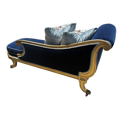 Antique 18th C Louis XVI Giltwood Chaise Fainting Couch Sapphire Blue Mohair