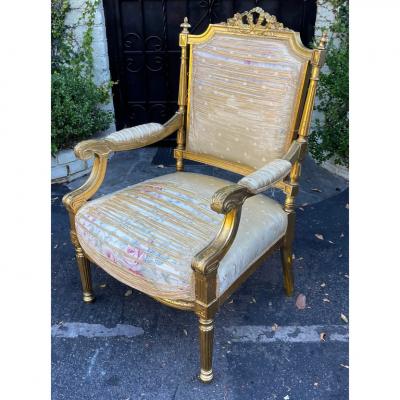 Antique 18th C Louis XVI Giltwood Fauteuil Arm Chair