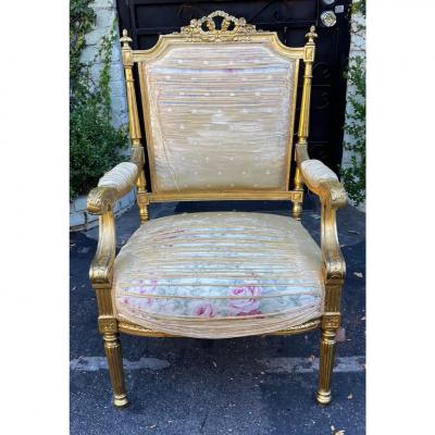 Antique 18th C Louis XVI Giltwood Fauteuil Arm Chair