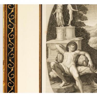 Antique 18th C Neoclassical Engraving Print in Designer Giltwood Frame