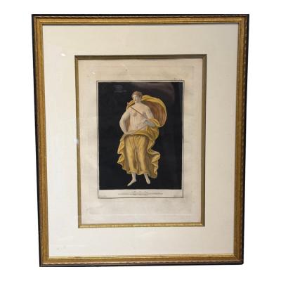 Antique 18th C Pompeian Hand Colored Engraving Print Maiden Harp