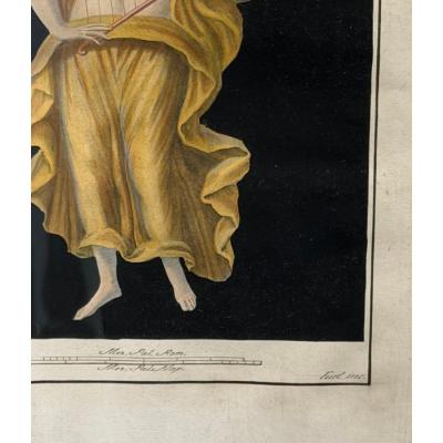 Antique 18th C Pompeian Hand Colored Engraving Print Maiden Harp