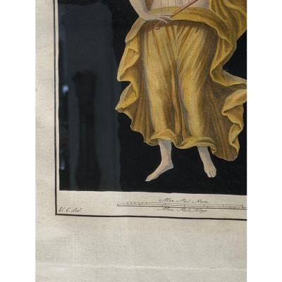 Antique 18th C Pompeian Hand Colored Engraving Print Maiden Harp