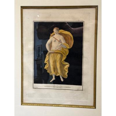 Antique 18th C Pompeian Hand Colored Engraving Print Maiden Harp