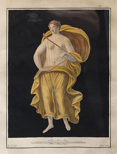 Antique 18th C Pompeian Hand Colored Engraving Print Maiden Harp