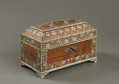 Antique 18th Century Indian Vizag Padouk Tea Caddy Chest With Ivory Inlays