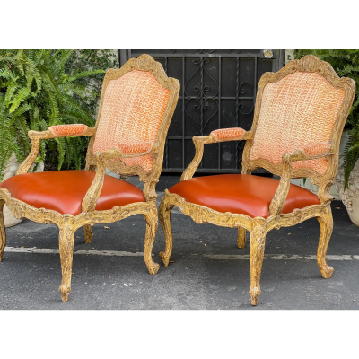 Antique 18th Century Style Venetian Orange Leather Arm Chair