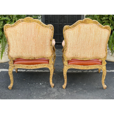 Antique 18th Century Style Venetian Orange Leather Arm Chair