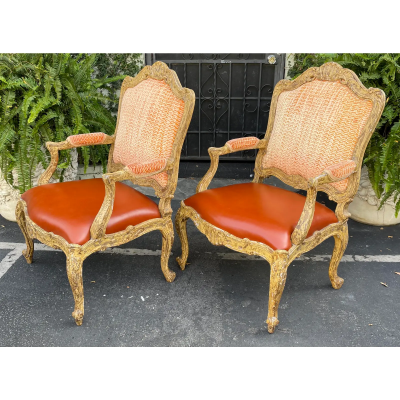 Antique 18th Century Style Venetian Orange Leather Arm Chair
