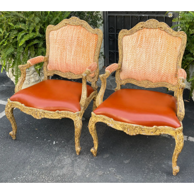 Antique 18th Century Style Venetian Orange Leather Arm Chair