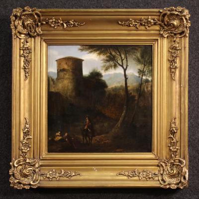 Antique 18th century painting on panel Arcadian landscape with knight