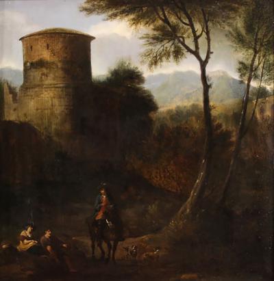 Antique 18th century painting on panel Arcadian landscape with knight