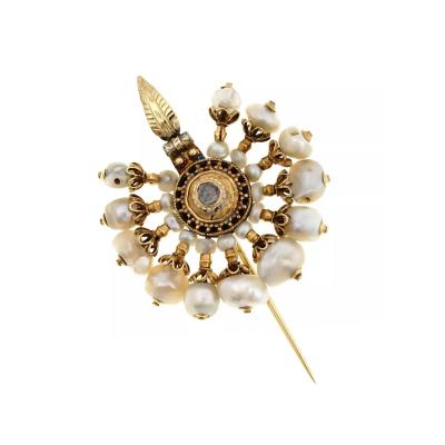 Antique 19Th Cent Gold Natural Pearl Diamond Pin