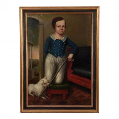 Antique 19c American School Portrait Oil Painting of a Boy His Dog