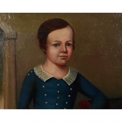 Antique 19c American School Portrait Oil Painting of a Boy His Dog