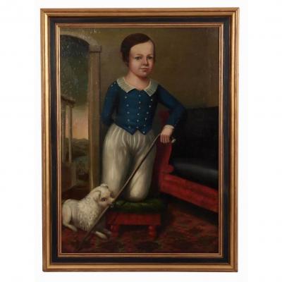 Antique 19c American School Portrait Oil Painting of a Boy His Dog