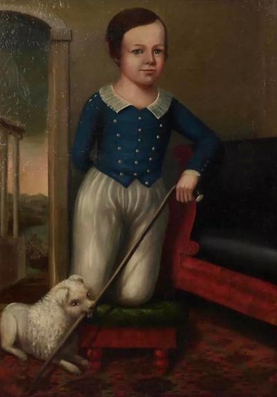 Antique 19c American School Portrait Oil Painting of a Boy His Dog
