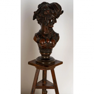 Antique 19c French Bronze Female Bust Sculpture on Hoof Foot Stand