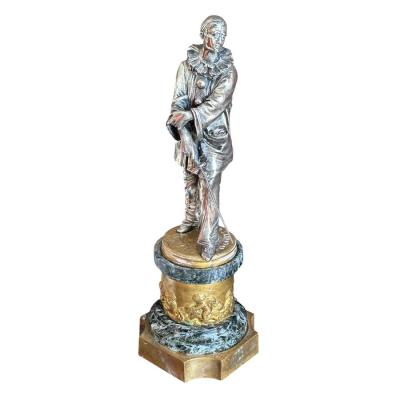 Antique 19c Silver Bronze Pierrot Clown Sculpture by Auguste Louis Lalouette