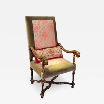 Antique 19th C French Carved Fauteuil Arm Chair W Lumbar Cushion