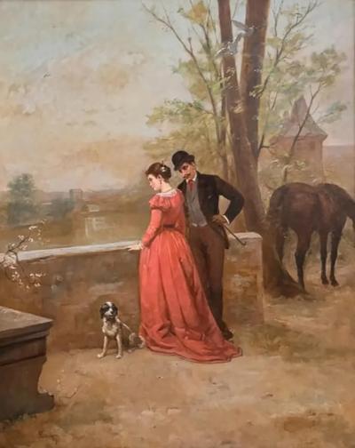 Antique 19th C Oil Painting W Courting Couple Horse Dog Framed Painting