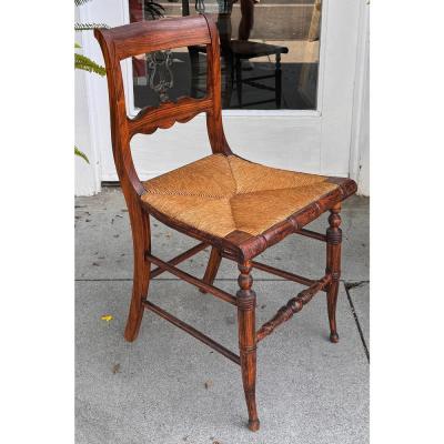 Antique 19th C Petite Lyre Back Side Chair W Rush Seat