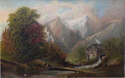 Antique 19th C Welsh Landscape Oil Painting of Figures Near a Watermill